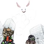  1:1 2013 anthro barefoot barely_visible_creature blue_eyes building clothing conejito dragon feet fur grin group hair horn jacket lagomorph leporid low-angle_view macro male mammal nommz nommz_(character) paws question_mark rabbit raised_foot scarf smile snow snowstorm toes topwear 