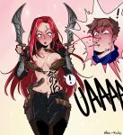  ! 1boy 1girl absurdres artist_name belt black_gloves black_jacket black_nails black_pants blood blush boots breasts brown_belt brown_footwear brown_hair brown_pants closed_mouth collarbone fingerless_gloves garen_(league_of_legends) gloves grey_background groin highres jacket katarina_(league_of_legends) large_breasts league_of_legends long_hair nail_polish navel nipples nosebleed open_clothes open_jacket open_pants pants red_hair rolo&#039;s_art scar scar_across_eye shiny_skin short_hair speech_bubble stomach sweat tattoo thigh_boots 