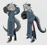  1girl ahoge animal_feet arms_behind_head arms_up black_eyes black_horns blue_dress blue_eyes blue_sclera bun_cover chain claws colored_sclera cross-laced_clothes cross-laced_dress double_bun dragon_girl dragon_horns dragon_tail dress full_body grey_background grey_hair grin hair_bun heterochromia high_collar highres horns hyow leg_wrap long_dress long_hair long_sleeves looking_at_viewer low_ponytail multiple_views open_mouth original pelvic_curtain screw sharp_teeth short_eyebrows side_slit simple_background sleeves_past_fingers sleeves_past_wrists smile standing tail teeth veins 