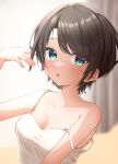 1girl absurdres ai_(u_e_o_o) bare_shoulders black_hair blue_eyes blush breasts cleavage collarbone highres hololive large_breasts looking_at_viewer oozora_subaru open_mouth short_hair smile solo swept_bangs virtual_youtuber 