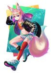  1girl animal_ear_fluff animal_ears belt black_jacket black_socks fox_ears fox_girl fox_tail full_body gradient_hair gradient_tail highres hood hood_down hooded_jacket jacket kazuki_seihou light_brown_hair long_sleeves midriff multicolored_hair navel open_clothes open_jacket orange_shirt original pink_hair puffy_long_sleeves puffy_sleeves purple_eyes red_thighhighs shirt short_hair short_shorts shorts single_loose_sock single_thighhigh smile socks stomach tail thighhighs tied_shirt white_shorts 