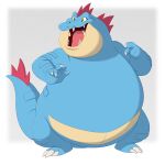 2019 anthro belly big_belly blue_body blue_scales claws fangs feraligatr generation_2_pokemon happy head_turned looking_away male nintendo nude obese obese_anthro obese_male open_mouth overweight overweight_anthro overweight_male pokelai pokemon pokemon_(species) scales scalie smile solo standing teeth toe_claws tongue wide_eyed 