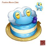  artist_logo blueberry cake character_name english_text food food_focus foodification froakie frog frown fruit highres icing no_humans plate pokemon simple_background white_background yellow_eyes yuki00yo 