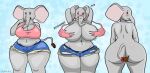  &lt;3 accessory anthro big_breasts big_butt big_ears black_eyes blue_background blue_bottomwear blue_clothing blue_shorts blush bottomwear bow_ribbon breasts butt chunkiroll_(artist) cleavage clothed clothing elephant elephantid embarrassed eyelashes female front_view furgonomics grey_body hi_res huge_breasts huge_butt looking_at_viewer looking_back looking_back_at_viewer loona_(chunkiroll) mammal navel one_eye_closed open_mouth pink_clothing pink_topwear proboscidean proboscis_(anatomy) rear_view ribbons shorts simple_background slightly_chubby smile solo tail tail_accessory tail_bow tail_ribbon tail_tuft thick_thighs topwear torn_clothing trunk_(anatomy) tuft wardrobe_malfunction wide_hips 