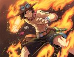  1boy bead_necklace beads belt black_eyes black_hair black_shorts brown_belt brown_headwear clenched_hand closed_mouth fire freckles goggles goggles_on_headwear highres jewelry jourd4n male_focus navel necklace one_piece portgas_d._ace sheath short_hair shorts solo topless_male 