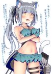  1girl absurdres animal_ear_fluff animal_ears bikini black_ribbon blush breasts cat_ears cat_tail collarbone commentary_request cowboy_shot crossed_arms fang green_bikini grey_hair hair_ribbon highres kantai_collection kasumi_(kancolle) kuromayu long_hair medium_breasts navel open_mouth ribbon side_ponytail simple_background solo swimsuit tail translation_request white_background yellow_eyes 