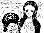  1boy 1girl ^_^ antlers archived_source bad_id bad_twitter_id blush closed_eyes dress eating eyelashes eyewear_on_head food greyscale hair_slicked_back hat holding holding_food looking_down monochrome namagomi_(op_laaaaw_tan) nico_robin one_piece one_piece:_stampede reindeer_antlers sidelocks tony_tony_chopper translation_request turtleneck_dress 