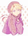  1boy alternate_costume androgynous black_gloves blonde_hair brown_background closed_mouth earrings ensemble_stars! gloves grey_background highres jacket jewelry looking_at_viewer male_focus multicolored_background narukami_arashi pearl_earrings purple_eyes purple_headwear purple_jacket riri_(artist) short_hair smile solo twitter_username 