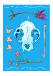  animal_skull artist_name blue_background bone commentary english_commentary english_text flower gatoiberico highres no_humans original purple_flower simple_background skull white_flower 