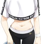  1girl alternate_costume black_pants character_name clothes_writing commentary copyright_name crop_top crop_top_overhang cropped_shirt english_commentary english_text highres hololive hololive_dance_practice_uniform hololive_english logo midriff mittsu navel official_alternate_costume pants shirt shirt_overhang solo stomach sweatpants t-shirt virtual_youtuber watson_amelia white_shirt workout_clothes yoga_pants 