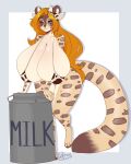  2023 animal_print anthro arizel big_breasts biped blue_eyes breasts cow_print english_text fake_cow_horns fake_horns felid female hair hi_res hiddenwolf huge_breasts leopard mammal milk_pail pantherine smile solo text year 