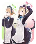  2girls absurdres animal_ear_headphones animal_ears apron arms_up back_bow black_dress blue_archive blue_ribbon blunt_bangs bow broom cat_ear_headphones cat_tail closed_eyes closed_mouth commentary_request dress fake_animal_ears fake_tail frilled_apron frilled_dress frills from_side green_eyes green_halo halo headphones highres holding holding_broom long_dress long_sleeves maid maid_apron maid_headdress midori_(blue_archive) midori_(maid)_(blue_archive) mimizuku_(mmiganaru) momoi_(blue_archive) momoi_(maid)_(blue_archive) multiple_girls neck_ribbon official_alternate_costume pink_halo puffy_long_sleeves puffy_sleeves revision ribbon short_hair siblings sisters standing stretching tail twins twintails white_apron white_bow 