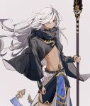  1boy absurdres androgynous arabian_clothes black_choker choker closed_mouth cyno_(genshin_impact) dark-skinned_male dark_skin genshin_impact gyphila1 hair_over_one_eye highres holding holding_polearm holding_weapon long_hair long_sleeves looking_at_viewer male_focus otoko_no_ko polearm red_eyes staff_of_the_scarlet_sands_(genshin_impact) tan very_long_hair weapon white_hair wide_sleeves 