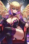  1girl absurdres armchair black_leotard black_sleeves black_thighhighs blonde_hair blue_eyes blurry blurry_background breasts bright_pupils chair cleavage colored_inner_hair coronzon_(toaru) crossed_legs demon_girl demon_wings detached_collar detached_sleeves ebora english_commentary frown glaring hair_between_eyes highres indoors lace-trimmed_legwear lace_trim large_breasts leotard long_hair looking_at_viewer multicolored_hair sitting solo spoilers strapless strapless_leotard thighhighs thighs toaru_majutsu_no_index toaru_majutsu_no_index:_new_testament wings 