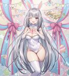  1girl ;d animal_ears bare_shoulders blue_eyes breasts cleavage covered_navel detached_sleeves easter grey_hair heart heart_hands highres hoshizuki_lunna indie_virtual_youtuber large_breasts leotard long_hair looking_at_viewer mirukurim mole mole_under_eye one_eye_closed playboy_bunny rabbit_ears ribbon smile thank_you thighhighs thighs very_long_hair virtual_youtuber white_leotard white_sleeves white_thighhighs 