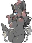  absurd_res black_body blue_eyes breasts busty_feral eyelashes female feral generation_5_pokemon hi_res looking_at_viewer navel nintendo open_mouth oposa pawpads pokemon pokemon_(species) simple_background smile solo white_background zorua 