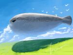  animal animal_focus blue_sky cloud cloudy_sky day field fish floating grass highres mori_hisato no_humans open_mouth original outdoors oversized_animal sacabambaspis scenery sky triangle_mouth 