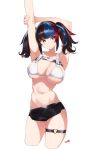  1girl absurdres armpits arms_up bare_shoulders bikini black_hair black_shorts blue_hair blush breasts cleavage fate/grand_order fate_(series) highres kurozawa_yui large_breasts long_hair looking_at_viewer looking_to_the_side multicolored_hair navel red_hair sei_shounagon_(fate) sei_shounagon_(swimsuit_berserker)_(fate) short_shorts shorts sidelocks smile solo swimsuit thigh_strap thighs twintails white_bikini yellow_eyes 