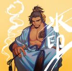  1boy alternate_costume alternate_facial_hair baimeme bara bare_pectorals black_hair blue_kimono chest_tattoo dark-skinned_male dark_skin facial_hair feet_out_of_frame goatee hanzo_(overwatch) highres holding holding_smoking_pipe japanese_clothes kimono large_pectorals long_sideburns male_focus muscular muscular_male nipples overwatch pectorals ponytail short_hair sideburns smoking smoking_pipe solo tattoo translation_request 