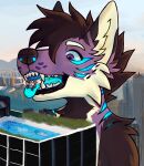  anthro blue_markings blue_mouth blue_tongue canid canine canis dragon duo fenrisloxias fur hi_res hybrid kovuah lovejuice male male/male mammal markings purple_body purple_eyes purple_fur tongue tongue_out wolf 
