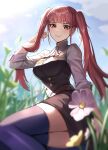  1girl absurdres afri blunt_bangs blurry blurry_foreground breasts buttons closed_mouth depth_of_field double-breasted dress field fire_emblem fire_emblem:_three_houses flipped_hair flower high_collar highres hilda_valentine_goneril large_breasts long_hair long_sleeves outdoors pink_eyes pink_hair purple_thighhighs short_dress sidelocks sitting sky smile solo thighhighs twintails 