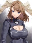  1girl artist_name black_bodysuit blue_eyes bodysuit breast_tattoo breasts brown_hair cleavage_cutout closed_mouth clothing_cutout commentary dated eunie_(xenoblade) feathered_wings head_wings highres large_breasts long_hair long_sleeves looking_at_viewer oyasu_(kinakoyamamori) smile solo swept_bangs tattoo white_wings wings xenoblade_chronicles_(series) xenoblade_chronicles_3 