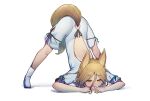  1girl absurdres animal_ears blonde_hair fox_ears fox_tail full_body green_ribbon highres jack-o&#039;_challenge kudamaki_tsukasa open_mouth ribbon romper shishui_guima short_hair short_sleeves simple_background socks solo tail top-down_bottom-up touhou white_background white_romper white_socks yellow_eyes 