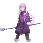  1girl amity_blight black_gloves coat fur-trimmed_jacket fur_trim gloves highres holding holding_staff jacket lifewithsmoke magic pointy_ears purple_coat purple_hair simple_background solo staff the_owl_house white_background yellow_eyes 
