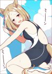  1girl alternate_costume animal_ears bare_shoulders barefoot blonde_hair blue_one-piece_swimsuit blue_sky blush breasts cloud cloudy_sky commentary_request competition_swimsuit ear_ornament embarrassed highres horse_ears horse_girl horse_tail medium_hair narita_top_road_(umamusume) on_ground one-piece_swimsuit open_mouth outdoors pink_eyes sky small_breasts smile solo swimsuit tail umamusume wahiko_(black_bastard) 