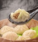  absurdres baozi dated dumpling food food_focus highres leaf no_humans original signature spoon steam still_life tainosuke 