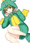  1girl absurdres bare_legs blush dinosaur_costume fake_wings fang green_eyes green_hair highres hood hood_up idolmaster idolmaster_shiny_colors kan&#039;oke legs_folded looking_at_viewer nanakusa_nichika official_alternate_costume paw_pose paw_shoes simple_background solo white_background wings 
