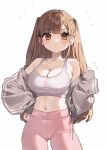  1girl absurdres bare_shoulders breasts brown_hair cleavage grey_jacket highres jacket large_breasts long_hair long_sleeves looking_at_viewer off_shoulder open_clothes open_jacket orange_eyes original sakura_yuki_(clochette) solo two_side_up v-shaped_eyebrows 