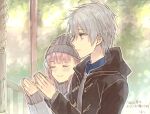  1boy 1girl 2021 atelier_(series) atelier_escha_&amp;_logy black_jacket closed_eyes closed_mouth escha_malier grey_hair grey_headwear hands_up hani_(udauda) hood hood_down hooded_jacket jacket knit_hat logix_ficsario open_clothes open_jacket own_hands_together pink_hair pom_pom_(clothes) short_hair shrine smile twintails u_u yellow_eyes 