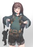  1girl :d absurdres ahoge belt black_gloves black_hair black_hoodie blush body_armor eyelashes eyeliner flat_chest gloves gun h&amp;k_mp5k hair_between_eyes highres hood hoodie long_hair long_sleeves magazine_(weapon) makeup okapi_(yomaigoto) original shorts sidelocks simple_background smile solo strap submachine_gun weapon white_background yellow_eyes 