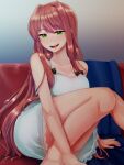  1girl bare_shoulders black_ribbon breasts brown_hair cocked_eyebrow collarbone couch covering_crotch covering_privates doki_doki_literature_club feet_out_of_frame fingernails gradient_background green_eyes hair_between_eyes hair_over_shoulder happy highres hiota_(kuhi_0301) knees knees_together_feet_apart lace_trim large_breasts light_blush long_hair monika_(doki_doki_literature_club) nightgown on_couch open_mouth ribbon round_teeth sitting sleeveless smile solo teeth thick_thighs thighs upper_teeth_only white_nightgown 