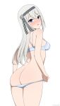  1girl ass blue_eyes blush from_behind hair_ornament hair_ribbon hairband highres kaguya-sama_wa_kokurasetai_~tensai-tachi_no_renai_zunousen~ long_hair looking_at_viewer looking_back open_mouth panties panty_pull pulled_by_self ribbon shirogane_kei simple_background solo sweatdrop underwear underwear_only undressing white_background white_hair yisusjpl 