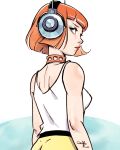  1girl akaten_(nadaraka) blue_eyes blue_eyeshadow breasts collar eyeshadow floating_hair frown headphones highres looking_back makeup medium_breasts orange_collar orange_hair original red_lips short_hair skirt solo tank_top white_background white_tank_top yellow_skirt 