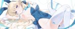  1girl absurdres animal_ears aqua_bow aqua_bowtie areola_slip arm_behind_head arm_up armpits bare_shoulders blonde_hair blue_archive blue_bow blue_eyes blue_hairband blue_leotard blush bow bowtie braid breasts covered_navel detached_collar fake_animal_ears feet_out_of_frame hair_spread_out hairband halo highleg highleg_leotard highres knees_up leotard long_hair looking_at_viewer lying medium_breasts meunhongcha official_alternate_costume official_alternate_hairstyle on_back parted_lips playboy_bunny rabbit_ears simple_background solo strapless strapless_leotard thighhighs thighs toki_(blue_archive) toki_(bunny)_(blue_archive) very_long_hair white_background white_thighhighs wrist_cuffs 