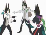  3boys animal_ear_fluff animal_ears animal_on_shoulder aqua_necktie asymmetrical_sleeves bird bird_on_hand bird_on_shoulder black_gloves black_hair blunt_ends bob_cut clone earrings fox_boy fox_ears fox_tail genshin_impact gloves green_hair green_tail highres jewelry kiehl&#039;s leaf_earrings light_green_hair long_sleeves look-alike m&amp;g_stationery male_focus medal meme multicolored_hair multiple_boys necktie official_alternate_costume pointing pointing_at_another pointing_spider-man_(meme) scientist short_hair shoulder_cape single_earring streaked_hair tail tighnari_(genshin_impact) tighnari_(kiehls&#039;)_(genshin_impact) tighnari_(m&amp;g)_(genshin_impact) toucan yapariinudaze 