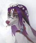  anthro blue_eyes brown_body brown_ears brown_fur bust_portrait canid cigarette cigarette_in_mouth ear_piercing eyelashes female floppy_ears fur gauged_ear glistening glistening_eyes hair hi_res long_hair mammal marie_merkh narrowed_eyes object_in_mouth piercing portrait purple_hair simple_background smoke smoking solo white_background white_body white_fur white_inner_ear 