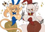  anthro big_breasts big_butt blonde_hair bodily_fluids breasts brown_eyes bunny_costume butt catmaid_(cibastion) cibastion cleavage clothed clothing costume domestic_cat duo fake_ears fake_rabbit_ears fangs felid feline felis female fur goya_(lucyfercomic) hair hi_res huge_breasts huge_butt huge_thighs looking_at_viewer mammal one_eye_closed open_mouth orange_eyes simple_background smile sparkles standing sweat tail teeth thick_thighs white_body white_fur white_hair wide_hips wink yellow_body yellow_fur 