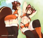  2023 ahoge animal_humanoid big_breasts big_butt big_tail blazblue blush blush_lines bottomwear breasts brown_eyes brown_hair butt clothing eyes_closed female hair hands_behind_head humanoid lying makoto_nanaya mammal mammal_humanoid midriff multicolored_hair muscular muscular_female navel on_back patreon rear_view rodent rodent_humanoid rtil sciurid sciurid_humanoid smile solo tail text thick_thighs tongue tongue_out topwear tree_squirrel_humanoid under_boob url watermark 