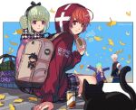  2boys 2girls ahoge aldo_(another_eden) another_eden bag black_cat can cat character_request closed_mouth food hood hoodie long_hair multiple_boys multiple_girls open_mouth red_hair school_bag shinwoo_choi short_hair skirt smile soda_can 