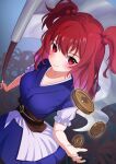  1girl absurdres blue_dress blue_kimono coin dress dutch_angle flower frilled_sleeves frills highres holding holding_scythe japanese_clothes kimono kspica_i looking_at_viewer onozuka_komachi puffy_short_sleeves puffy_sleeves red_eyes red_hair scythe short_sleeves smile solo spider_lily touhou two_side_up upper_body 