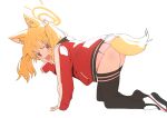  1girl absurdres all_fours animal_ears ass black_thighhighs blonde_hair blue_archive blush halo highres jacket long_hair looking_at_viewer luke_(dydansgur) open_mouth paw_pose pink_skirt rectangular_mouth red_jacket simple_background skirt solo tail thighhighs twintails white_background yellow_eyes yoshimi_(blue_archive) 