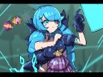  1girl absurdres ahoge bare_shoulders black_gloves blurry blurry_background breasts detached_sleeves drill_hair gloves green_eyes green_hair gwen_(league_of_legends) hair_ornament hand_up highres holding league_of_legends medium_breasts monakan_japan solo standing swept_bangs twin_drills twintails x_hair_ornament 