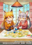  2girls animal_ears black_bow black_fur black_gloves board_game bow bowtie brown_hair extra_ears ezo_red_fox_(kemono_friends) fox_ears fox_girl fur_trim gloves grey_hair hair_between_eyes hair_bow island_fox_(kemono_friends) jacket kemono_friends kemono_friends_3 kiitos long_hair multicolored_hair multiple_girls neckerchief necktie official_art orange_hair orange_jacket orange_necktie red_jacket sidelocks table twintails white_bow white_bowtie white_fur white_gloves white_neckerchief yellow_eyes 