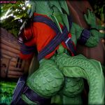  1:1 2023 3d_(artwork) anthro anus artist_name backsack balls big_butt biped butt day digital_media_(artwork) dragon epic_games ewr_115 fortnite genitals glowing glowing_eyes grass green_body green_eyes green_scales hi_res hybrid_(fortnite) male outside perineum plant rear_view scales scalie solo tree wingless_dragon 