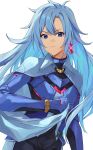  1girl a_(xenoblade) armor blue_eyes cape cape_grab closed_mouth clothes_grab collared_cape earrings hair_between_eyes hair_intakes highres jewelry kamu_(kamuuei) light_frown long_hair looking_at_viewer messy_hair simple_background single_earring solo very_long_hair xenoblade_chronicles_(series) xenoblade_chronicles_3 xenoblade_chronicles_3:_future_redeemed 