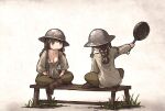  2girls bench breasts brown_hair cleavage crossed_legs frying_pan holding ironlily kettle_helm long_hair medieval multiple_girls ordo_mediare_sisters_(ironlily) single_braid_sister_(ironlily) sitting standing twin_braids_sister_(ironlily) 